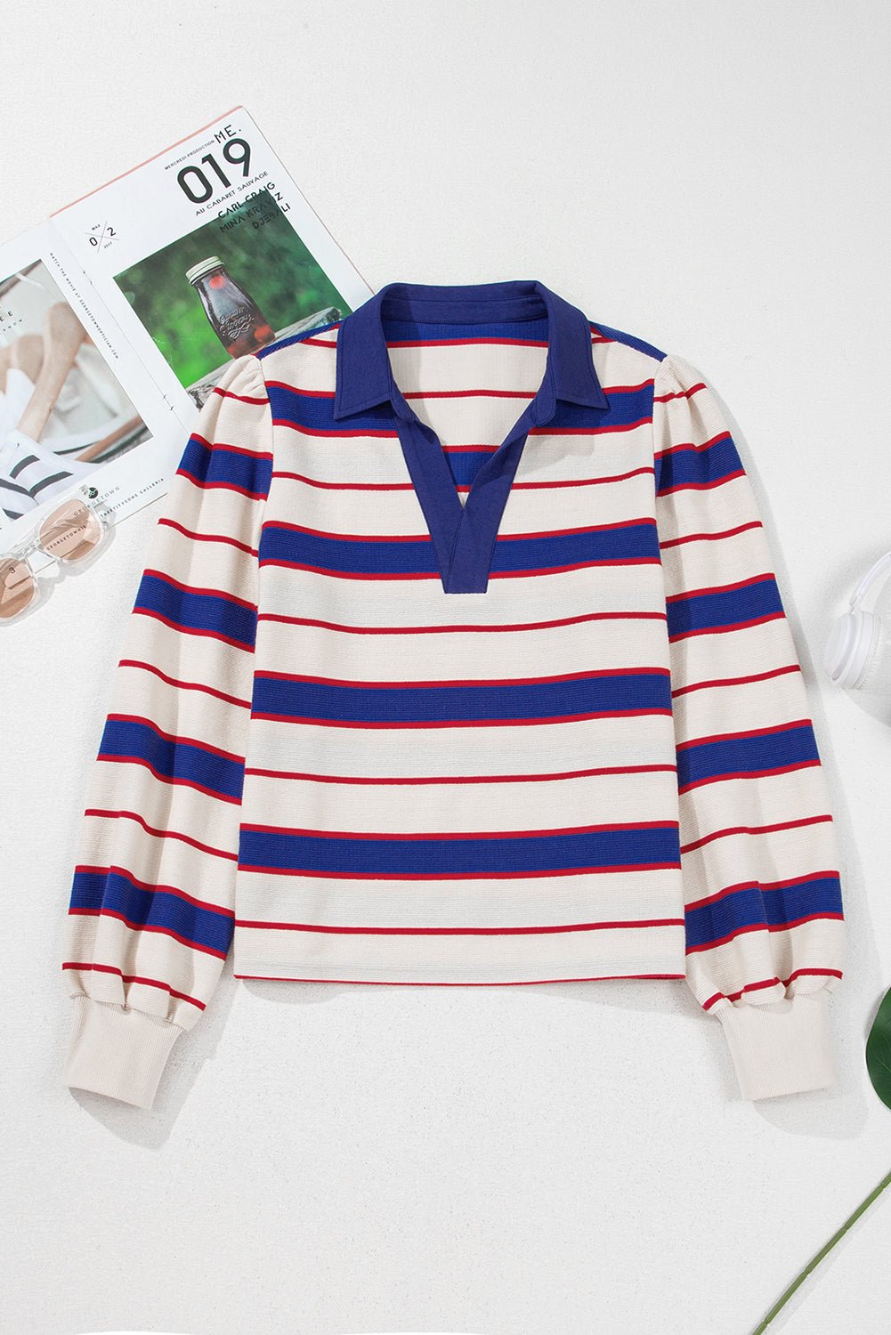 Blue Stripe Colorblock V Neck Collared Sweatshirt - MAD RUFFI