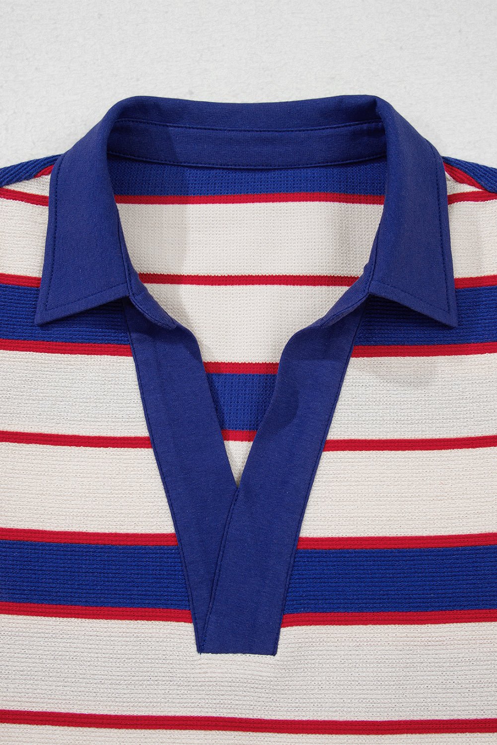 Blue Stripe Colorblock V Neck Collared Sweatshirt - MAD RUFFI