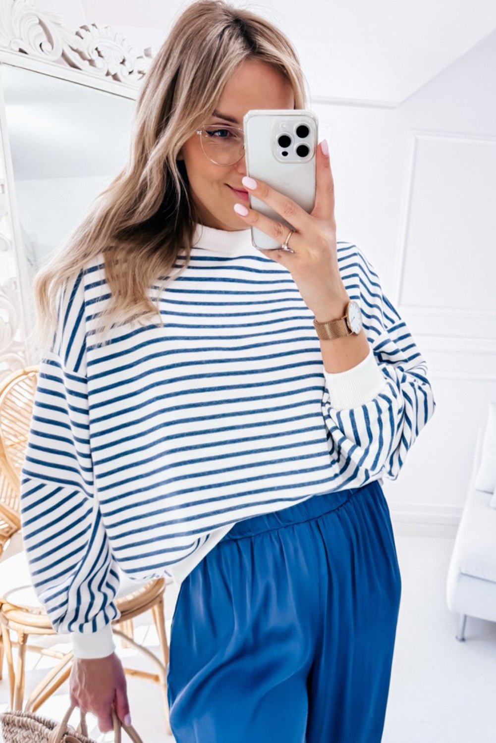 Blue Stripe Drop Shoulder Crew Neck Loose Sweatshirt - MAD RUFFI