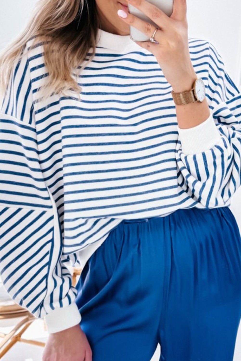 Blue Stripe Drop Shoulder Crew Neck Loose Sweatshirt - MAD RUFFI