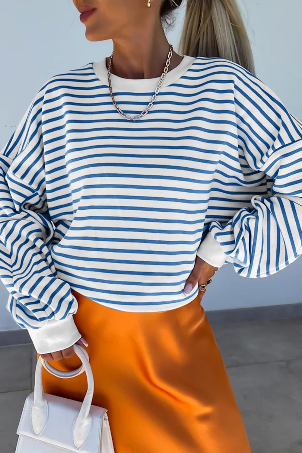 Blue Stripe Drop Shoulder Crew Neck Loose Sweatshirt - MAD RUFFI