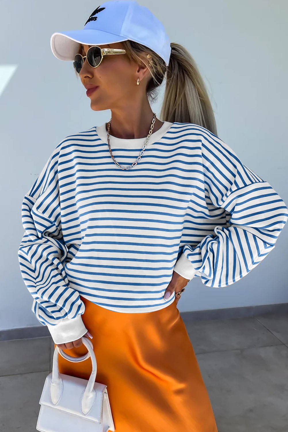 Blue Stripe Drop Shoulder Crew Neck Loose Sweatshirt - MAD RUFFI