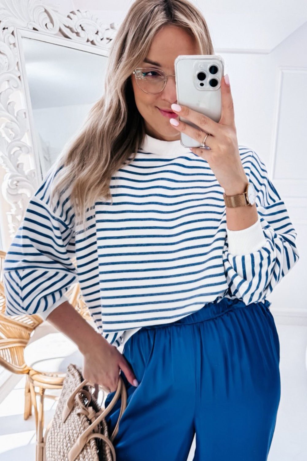 Blue Stripe Drop Shoulder Crew Neck Loose Sweatshirt - MAD RUFFI
