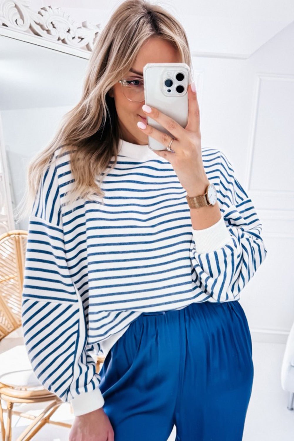 Blue Stripe Drop Shoulder Crew Neck Loose Sweatshirt - MAD RUFFI