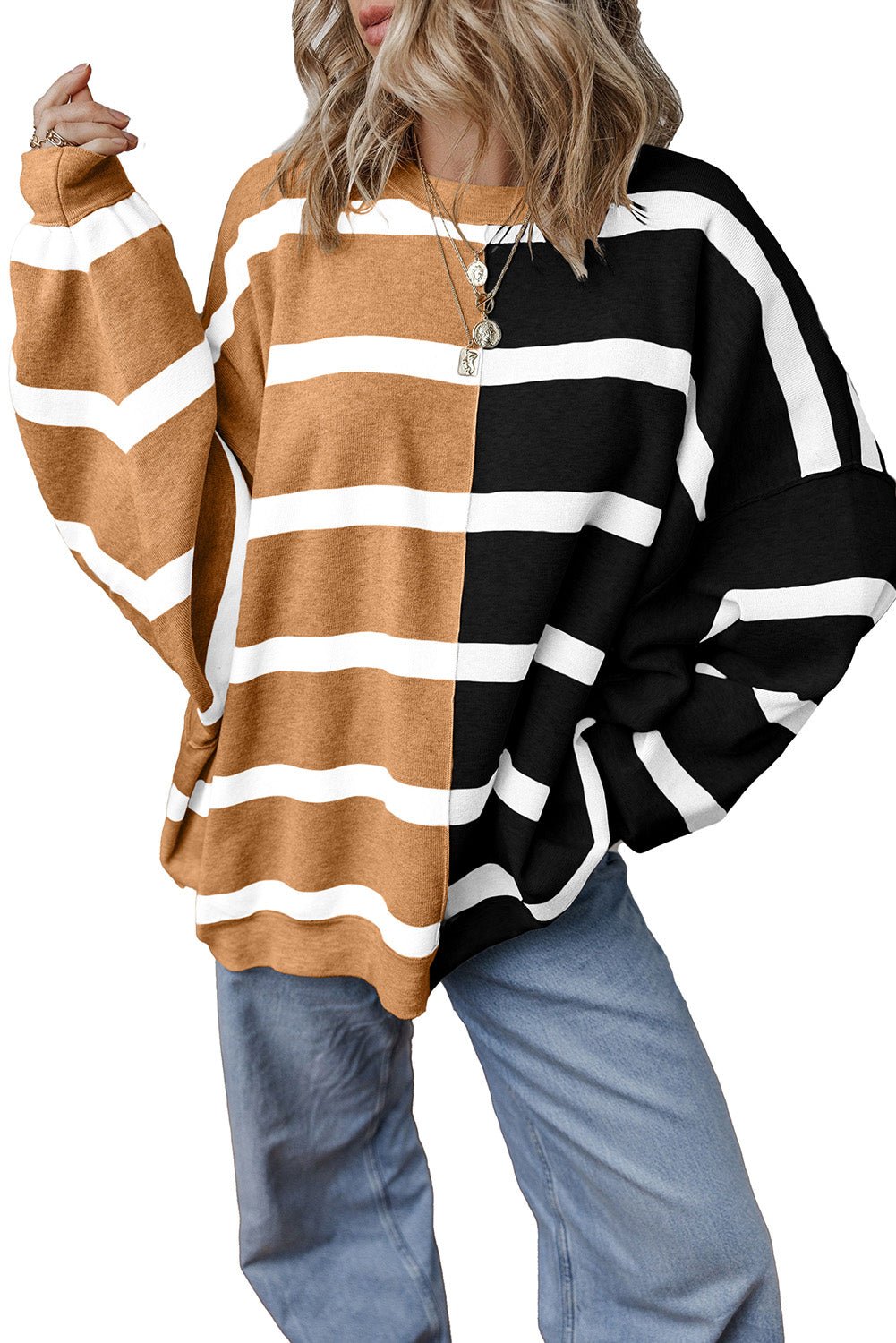 Blue Stripe Exposed Seam Patchwork Loose Sweatshirts - MAD RUFFI