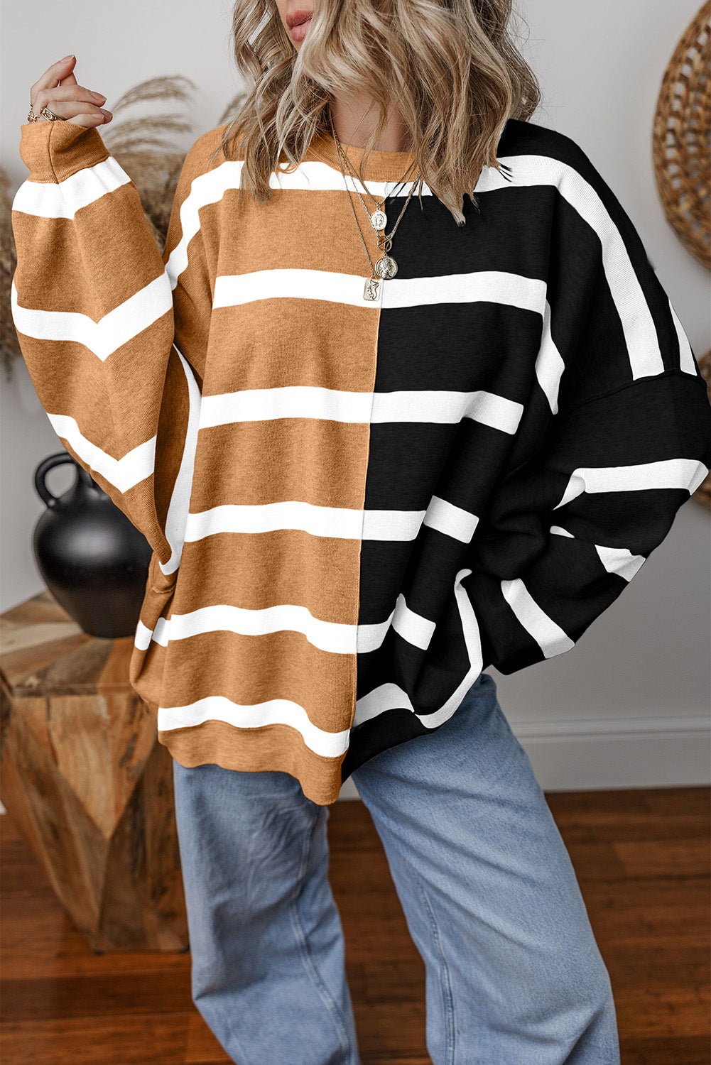 Blue Stripe Exposed Seam Patchwork Loose Sweatshirts - MAD RUFFI