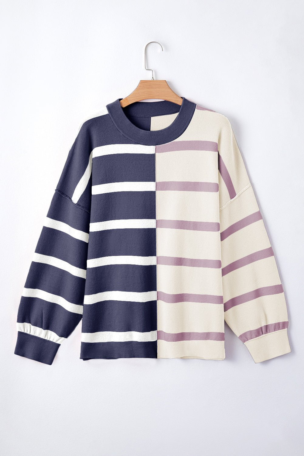 Blue Stripe Exposed Seam Patchwork Loose Sweatshirts - MAD RUFFI