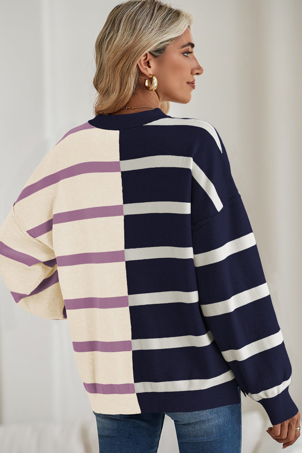 Blue Stripe Exposed Seam Patchwork Loose Sweatshirts - MAD RUFFI