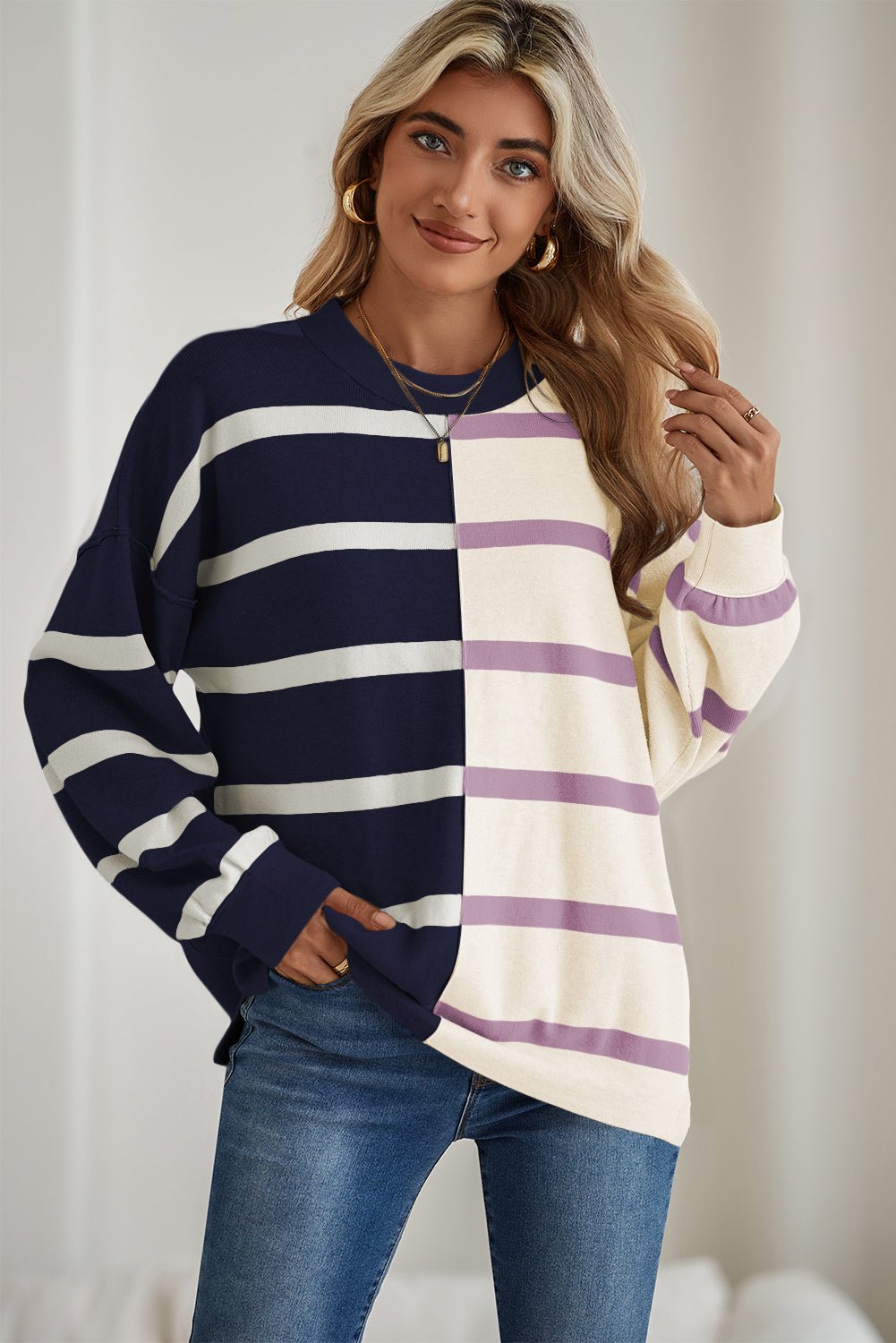Blue Stripe Exposed Seam Patchwork Loose Sweatshirts - MAD RUFFI