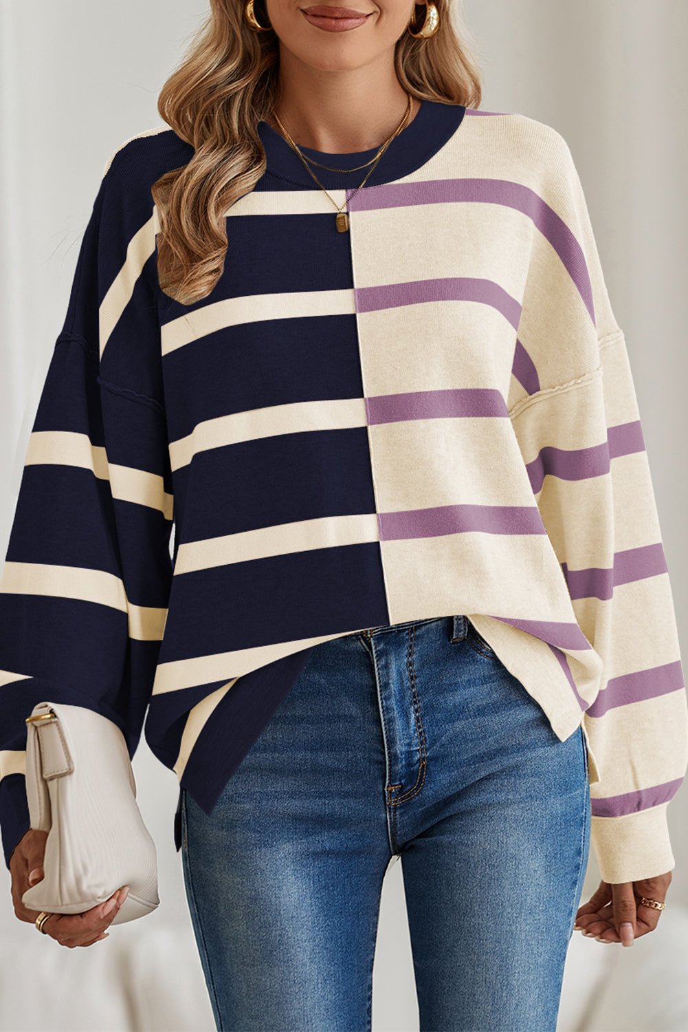 Blue Stripe Exposed Seam Patchwork Loose Sweatshirts - MAD RUFFI