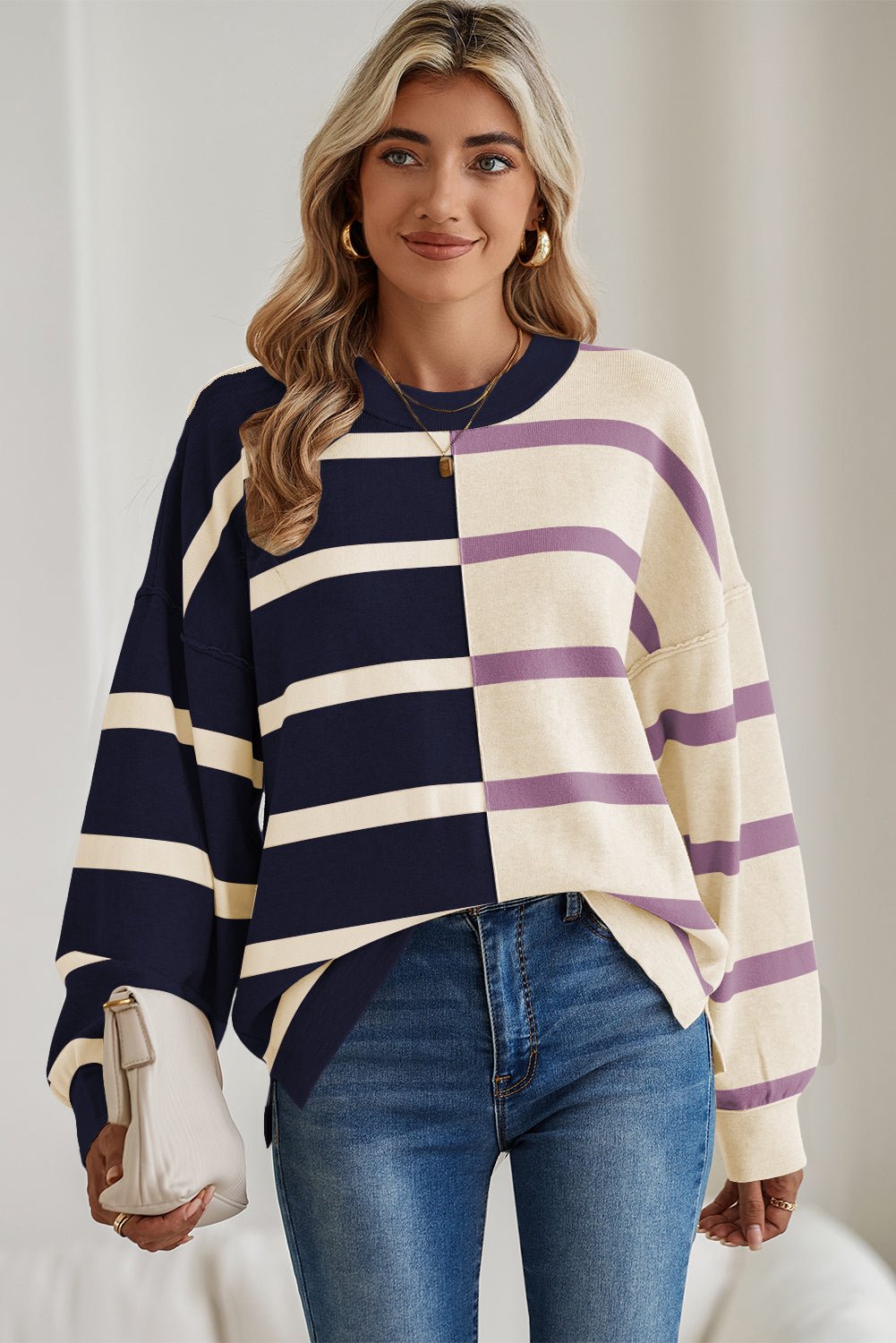Blue Stripe Exposed Seam Patchwork Loose Sweatshirts - MAD RUFFI