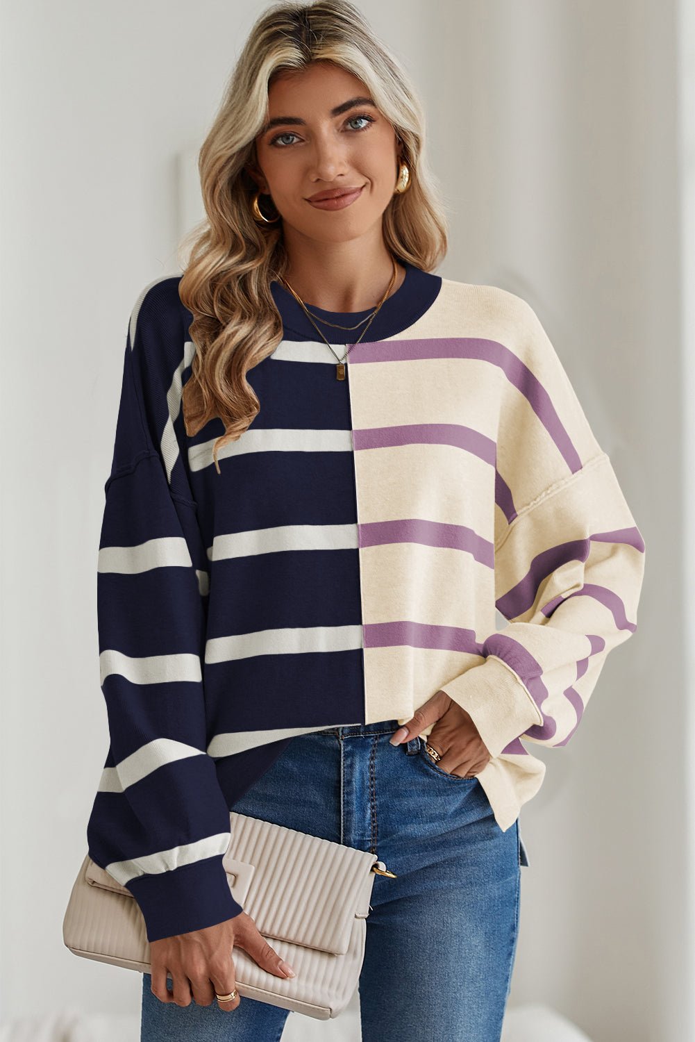 Blue Stripe Exposed Seam Patchwork Loose Sweatshirts - MAD RUFFI