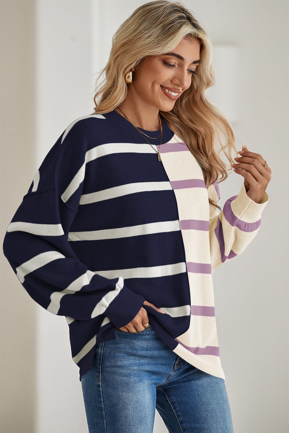 Blue Stripe Exposed Seam Patchwork Loose Sweatshirts - MAD RUFFI