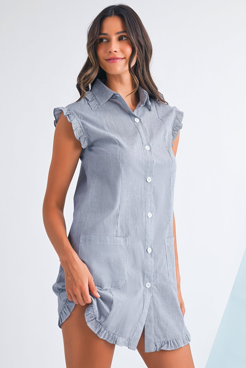 Blue Stripe Frill Trim Pocket Button Up Mini Dress - MAD RUFFI