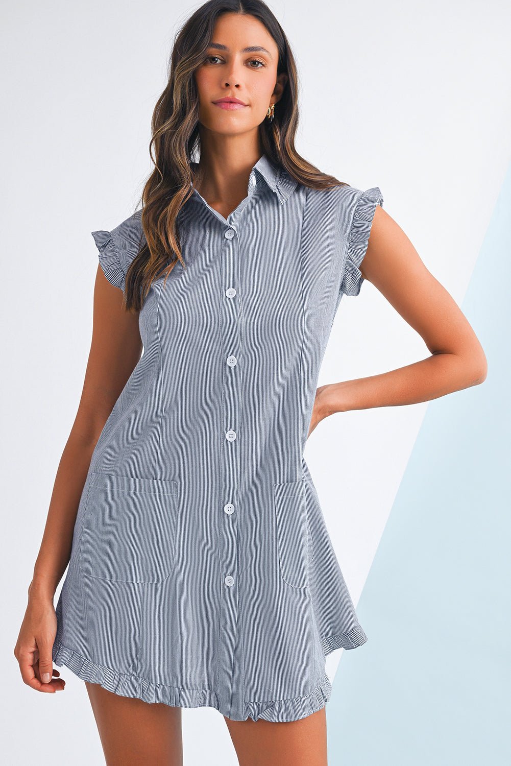 Blue Stripe Frill Trim Pocket Button Up Mini Dress - MAD RUFFI