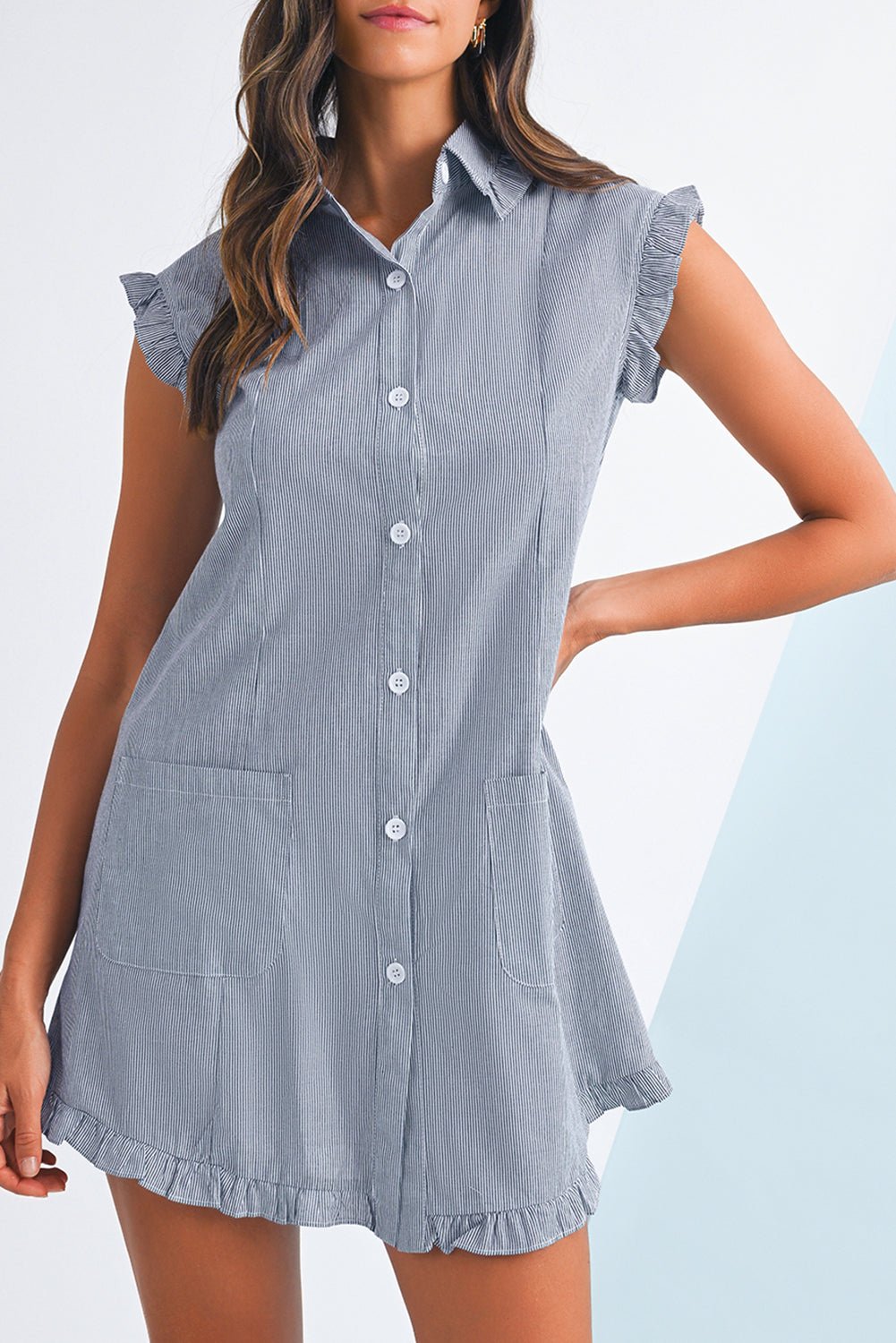 Blue Stripe Frill Trim Pocket Button Up Mini Dress - MAD RUFFI