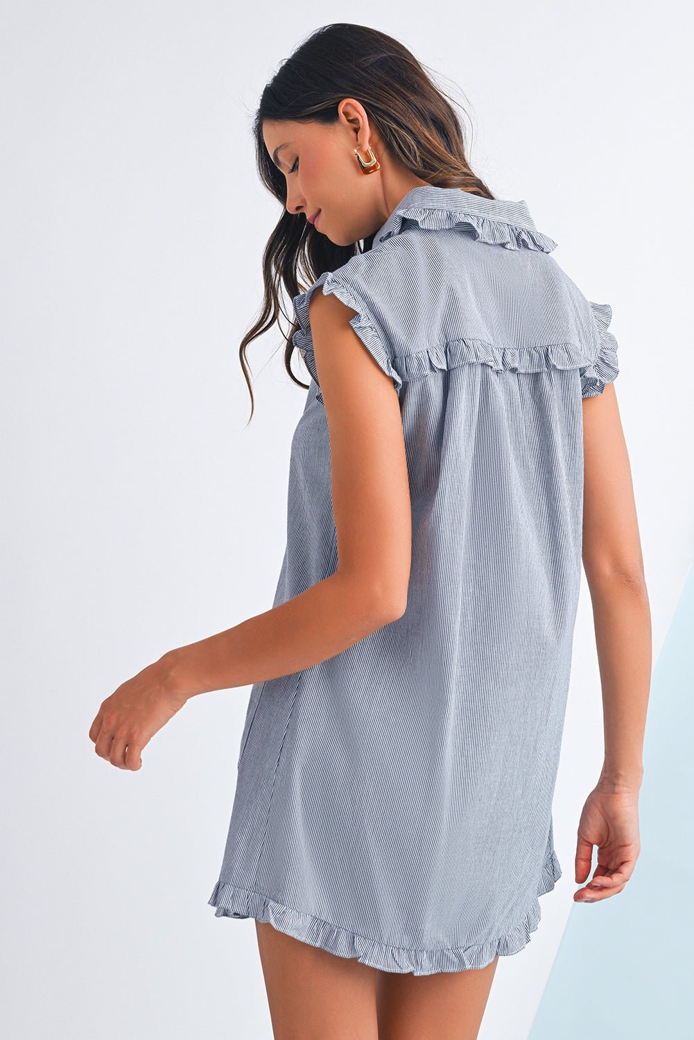 Blue Stripe Frill Trim Pocket Button Up Mini Dress - MAD RUFFI