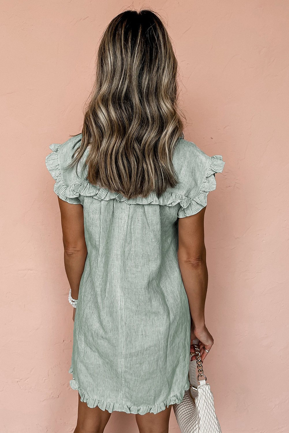 Blue Stripe Frill Trim Pocket Button Up Mini Dress - MAD RUFFI