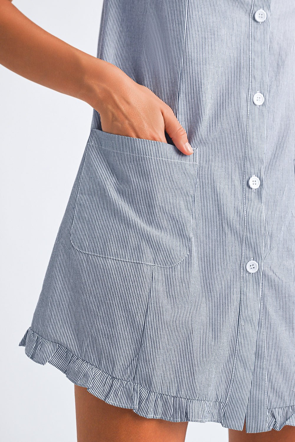 Blue Stripe Frill Trim Pocket Button Up Mini Dress - MAD RUFFI