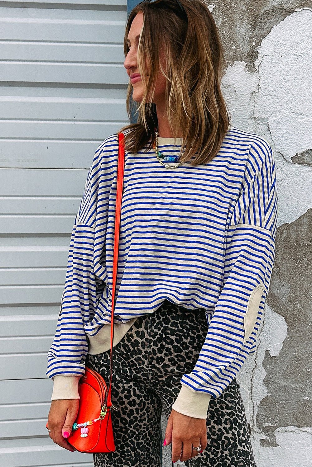 Blue Stripe Textured Elbow Patched Crew Neck Drop Shoulder Sweatshirt - MAD RUFFI