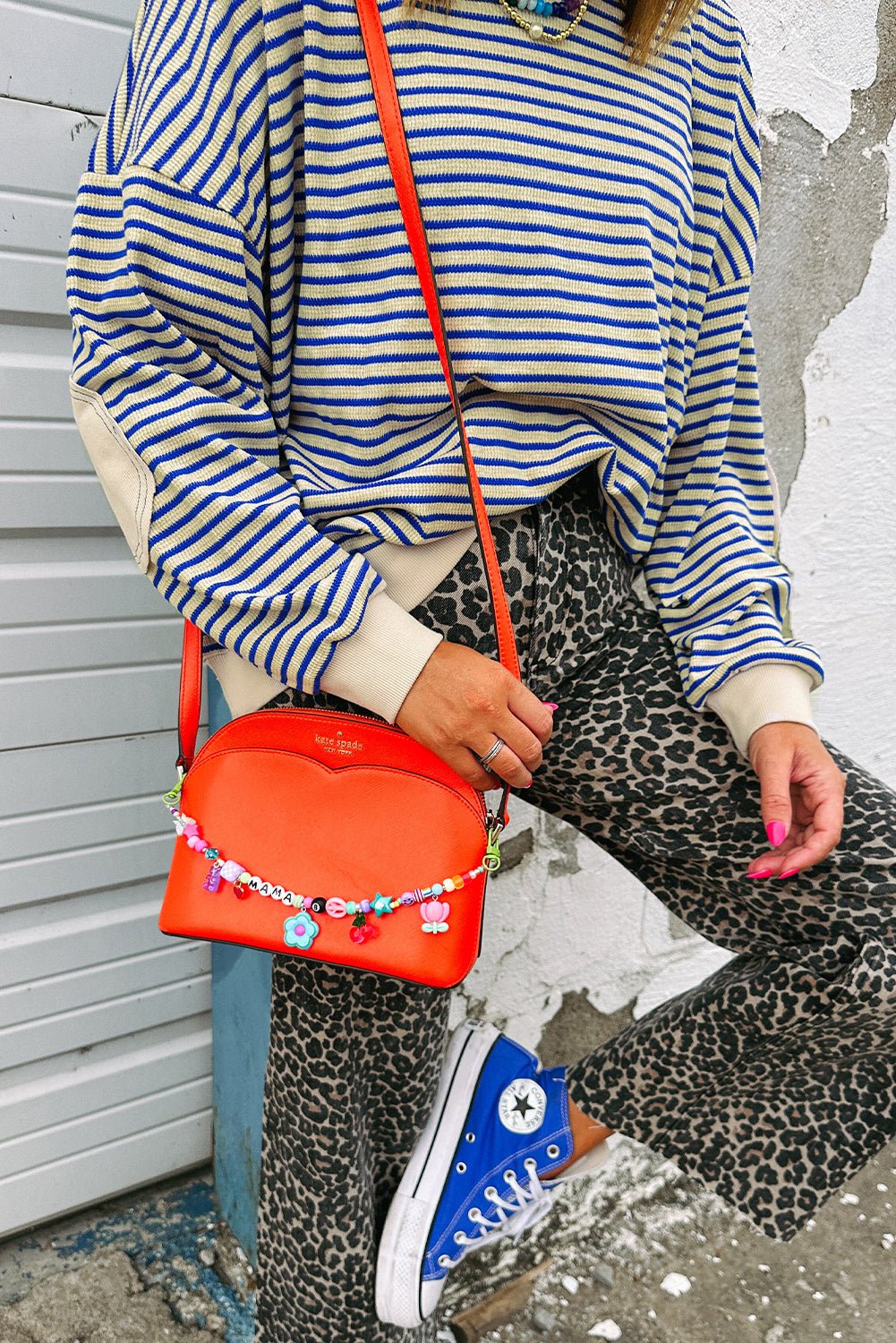 Blue Stripe Textured Elbow Patched Crew Neck Drop Shoulder Sweatshirt - MAD RUFFI