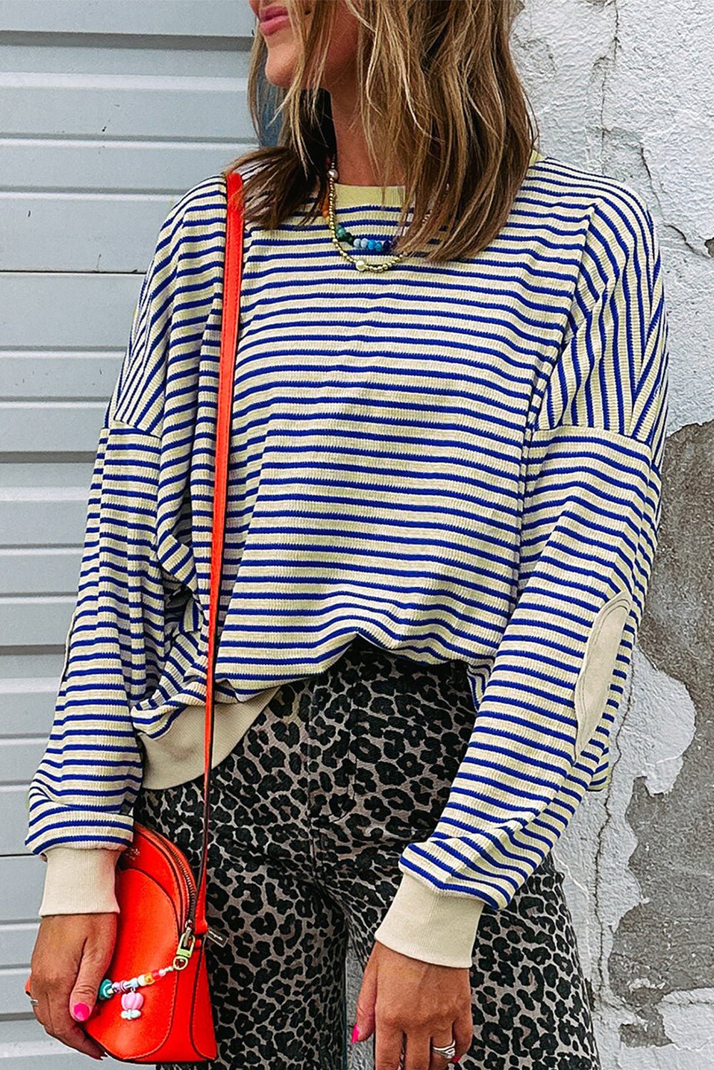 Blue Stripe Textured Elbow Patched Crew Neck Drop Shoulder Sweatshirt - MAD RUFFI