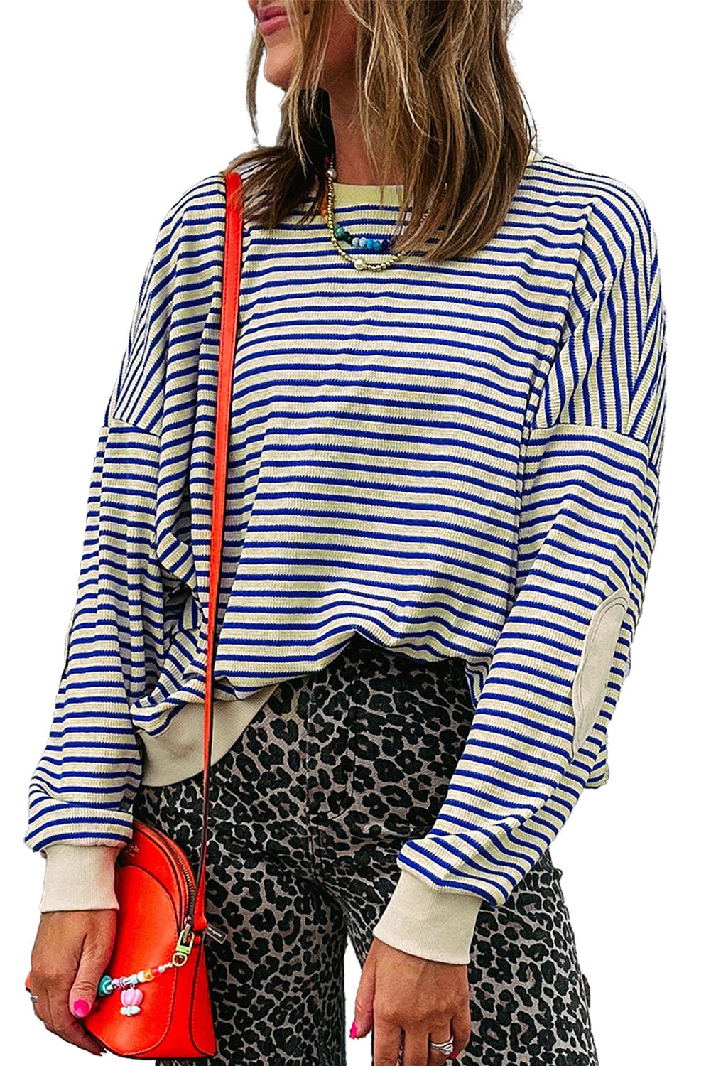 Blue Stripe Textured Elbow Patched Crew Neck Drop Shoulder Sweatshirt - MAD RUFFI