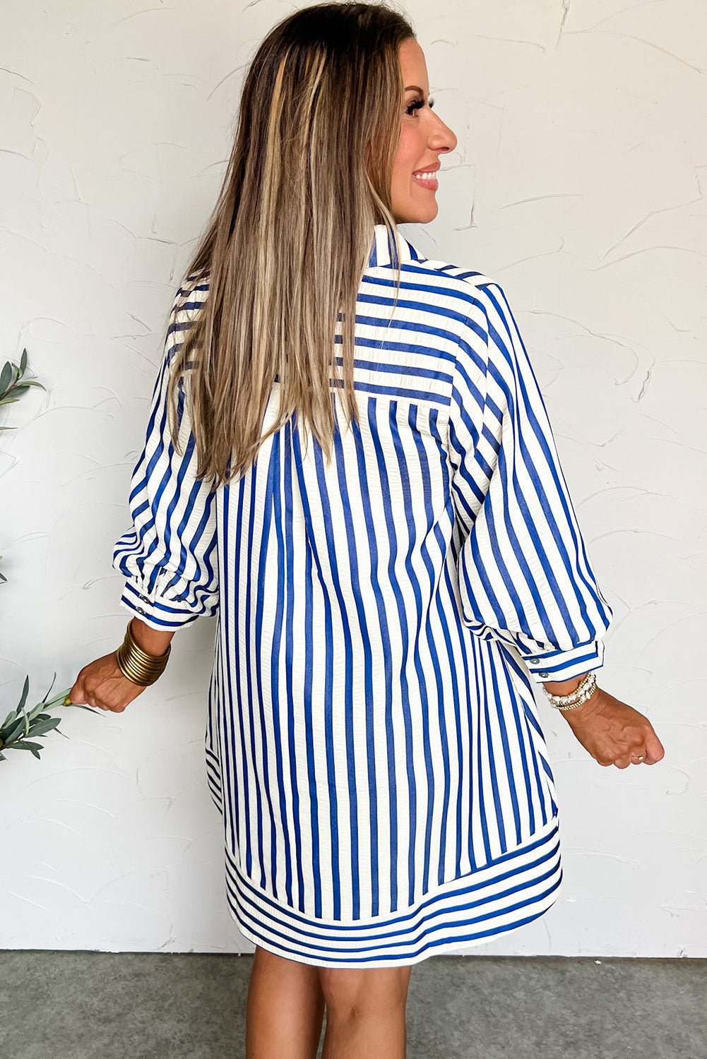 Blue Striped Collared Half Button Side Pockets Loose Fit Mini Dress - MAD RUFFI