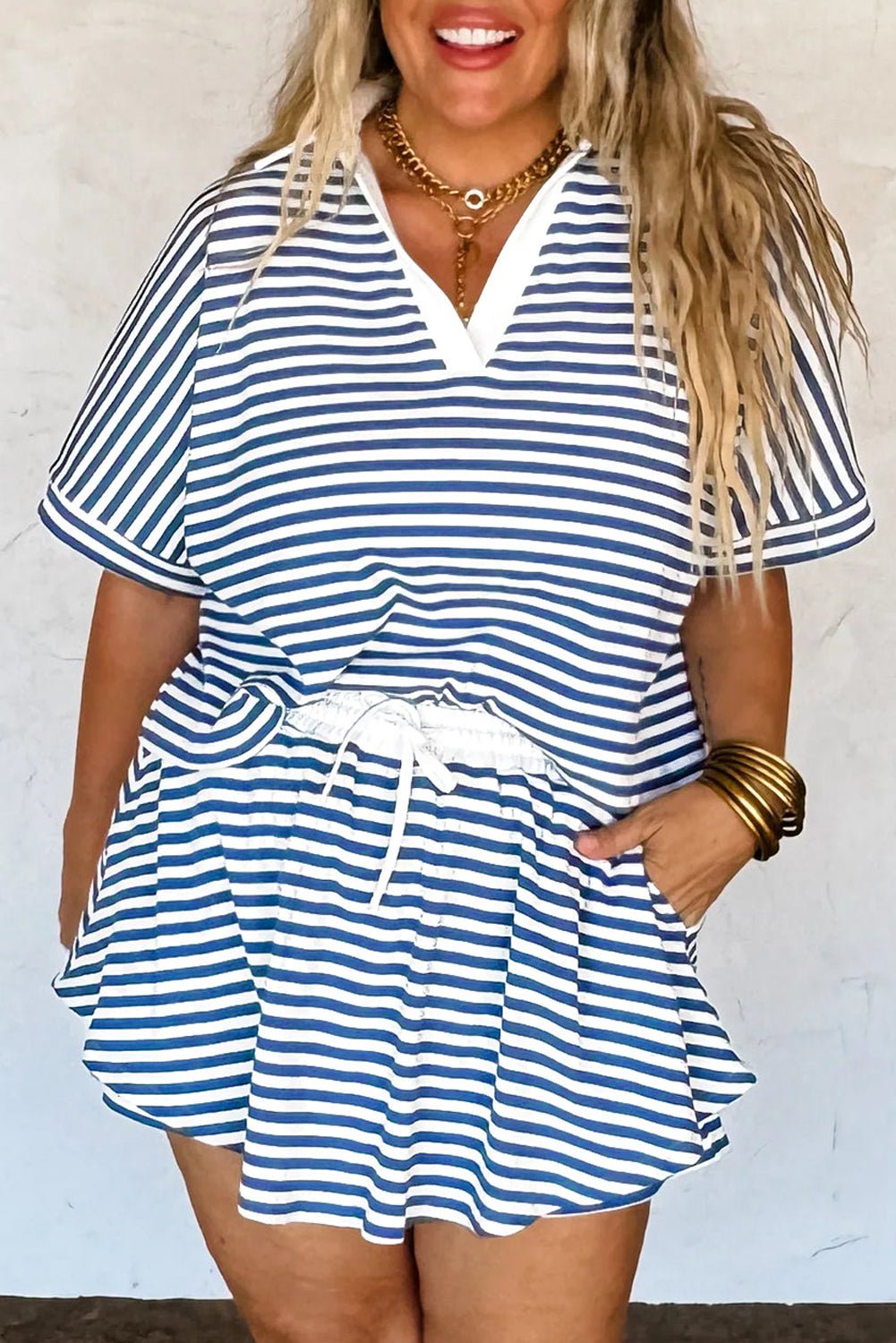 Blue Striped Collared Top Plus Size Flowy Skort Set - MAD RUFFI