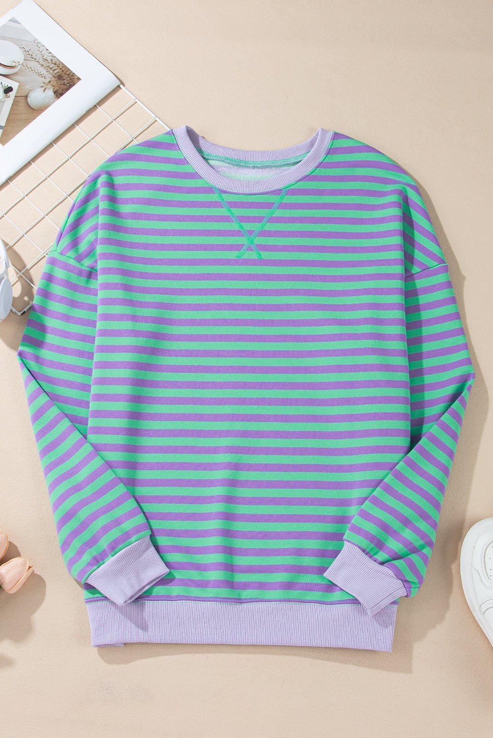 Blue Striped Contrast Trim Drop Shoulder Sweatshirt - MAD RUFFI
