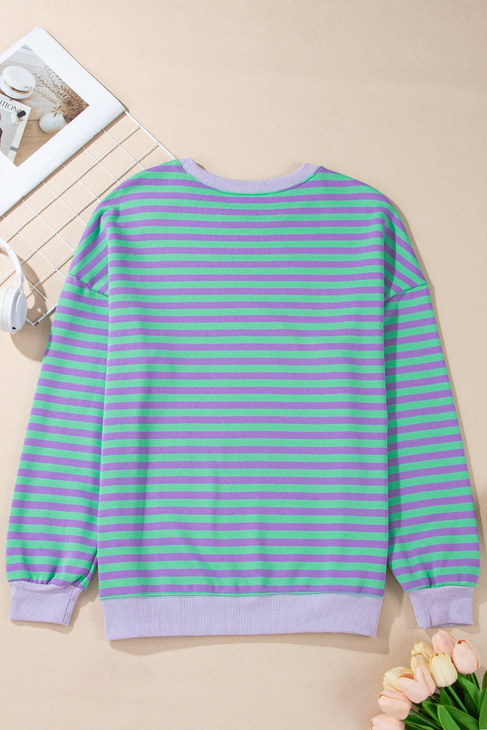 Blue Striped Contrast Trim Drop Shoulder Sweatshirt - MAD RUFFI