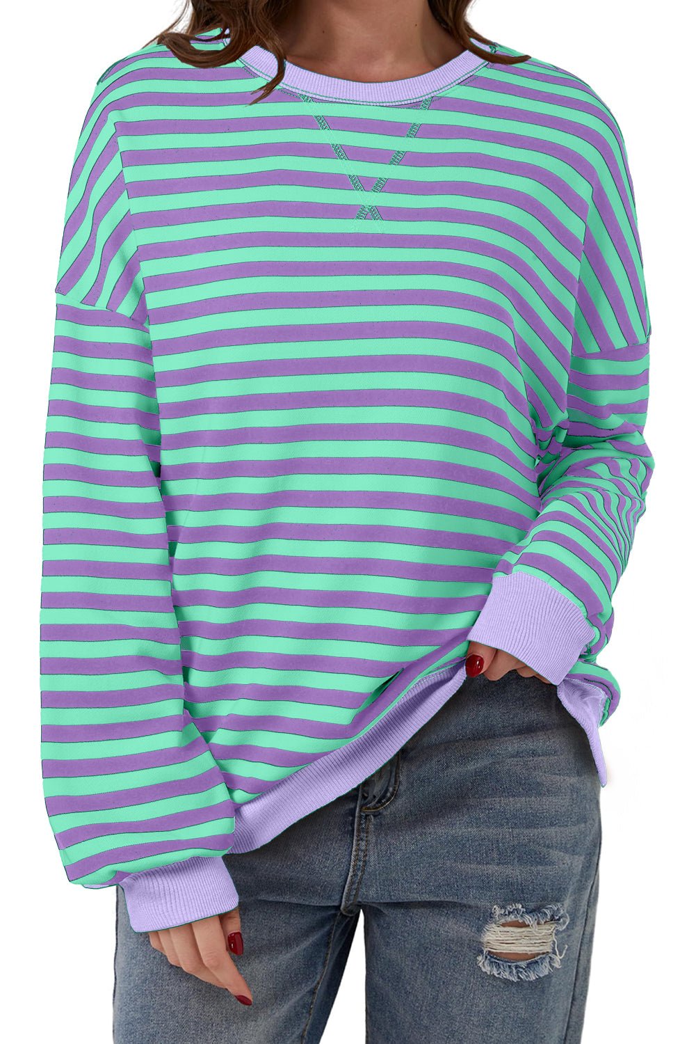 Blue Striped Contrast Trim Drop Shoulder Sweatshirt - MAD RUFFI