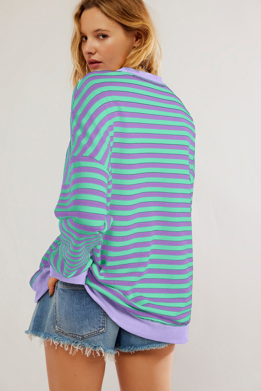 Blue Striped Contrast Trim Drop Shoulder Sweatshirt - MAD RUFFI