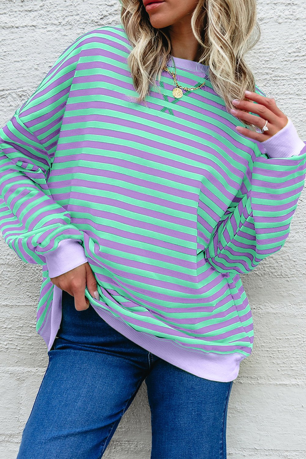 Blue Striped Contrast Trim Drop Shoulder Sweatshirt - MAD RUFFI