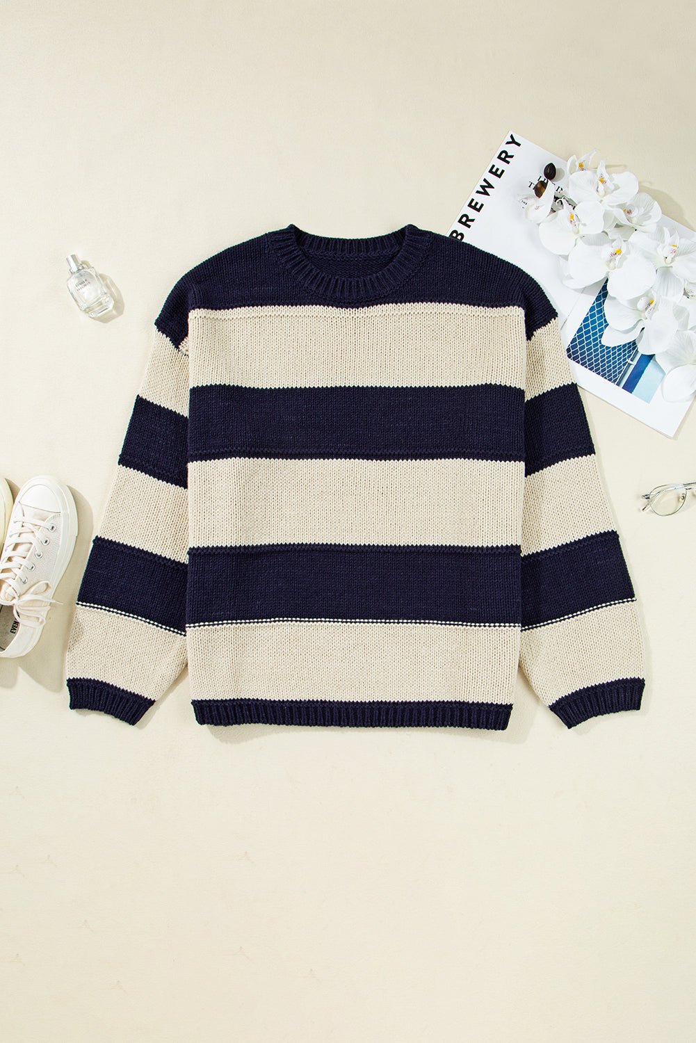 Blue Striped Plus Size Drop Shoulder Sweater - MAD RUFFI