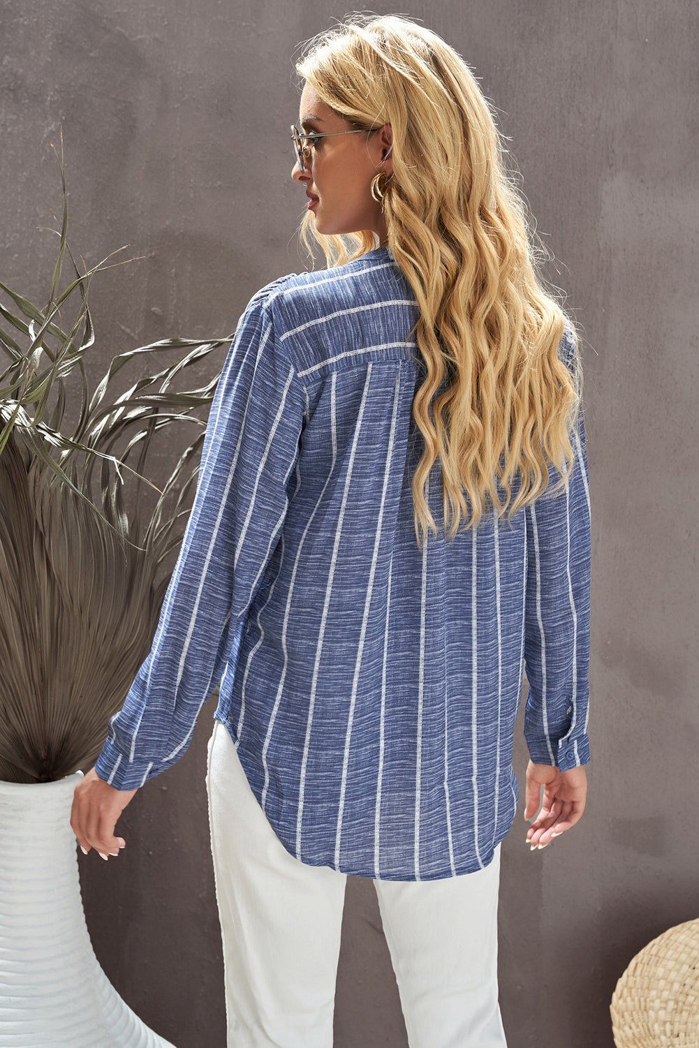 Blue Striped Print V Neck Half Buttons Loose Blouse - MAD RUFFI