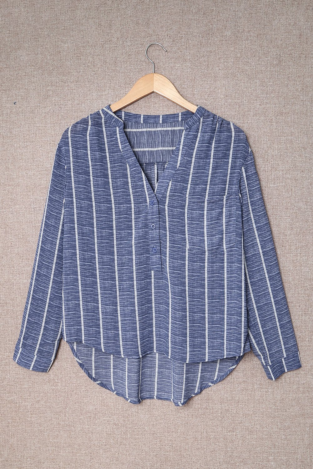 Blue Striped Print V Neck Half Buttons Loose Blouse - MAD RUFFI