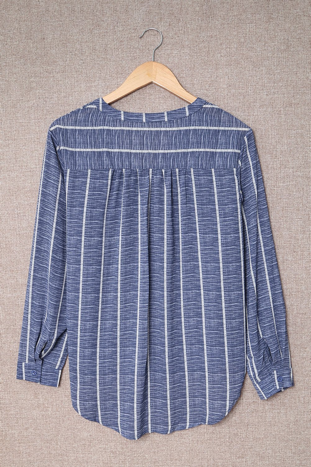 Blue Striped Print V Neck Half Buttons Loose Blouse - MAD RUFFI