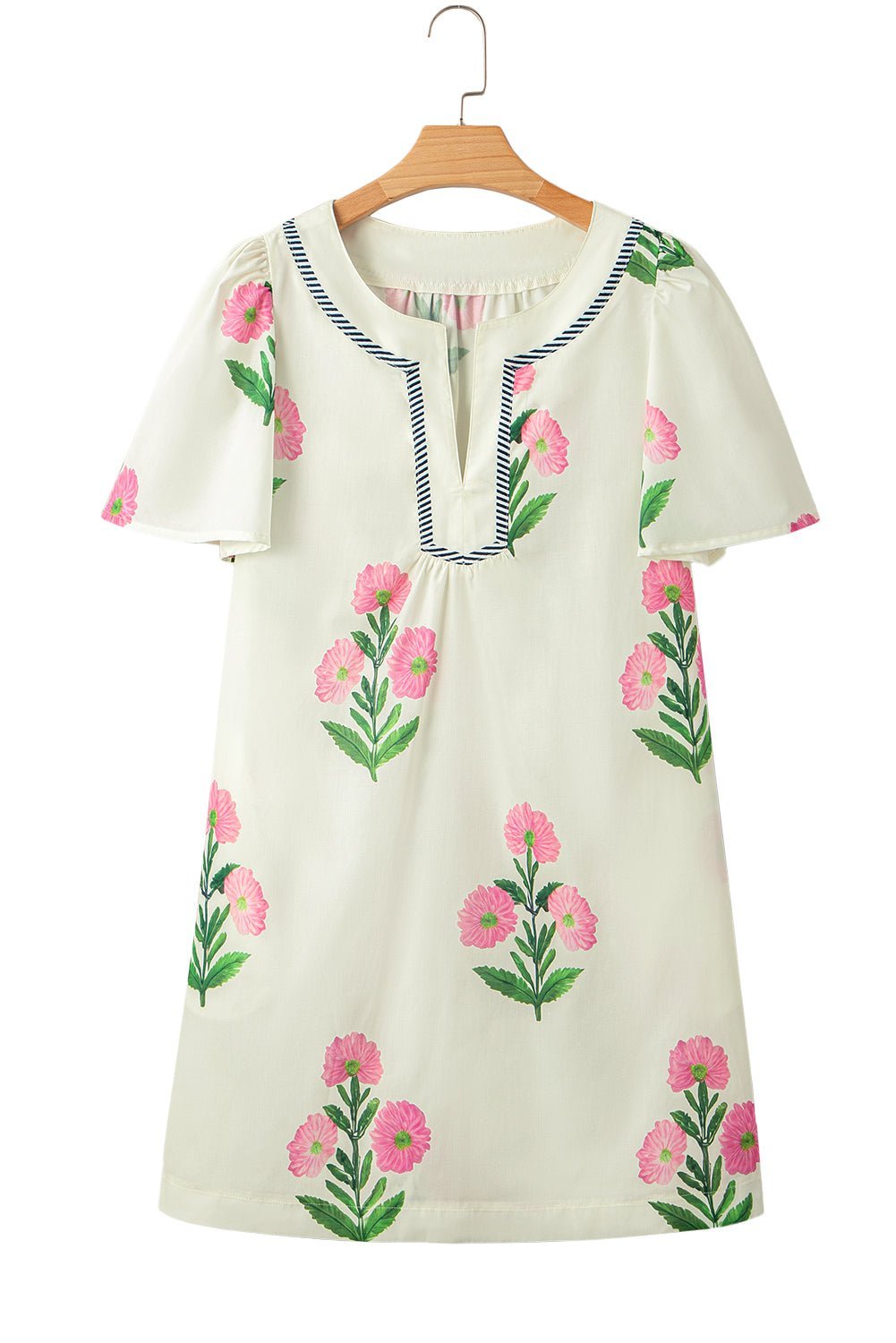 Blue Striped Trim Short Sleeve Split Neck Floral Mini Dress - MAD RUFFI