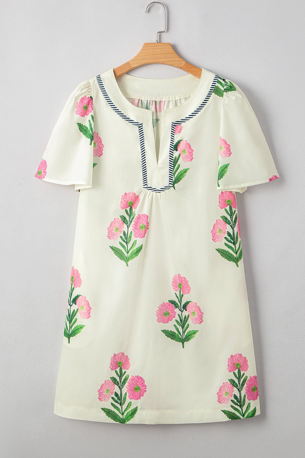 Blue Striped Trim Short Sleeve Split Neck Floral Mini Dress - MAD RUFFI