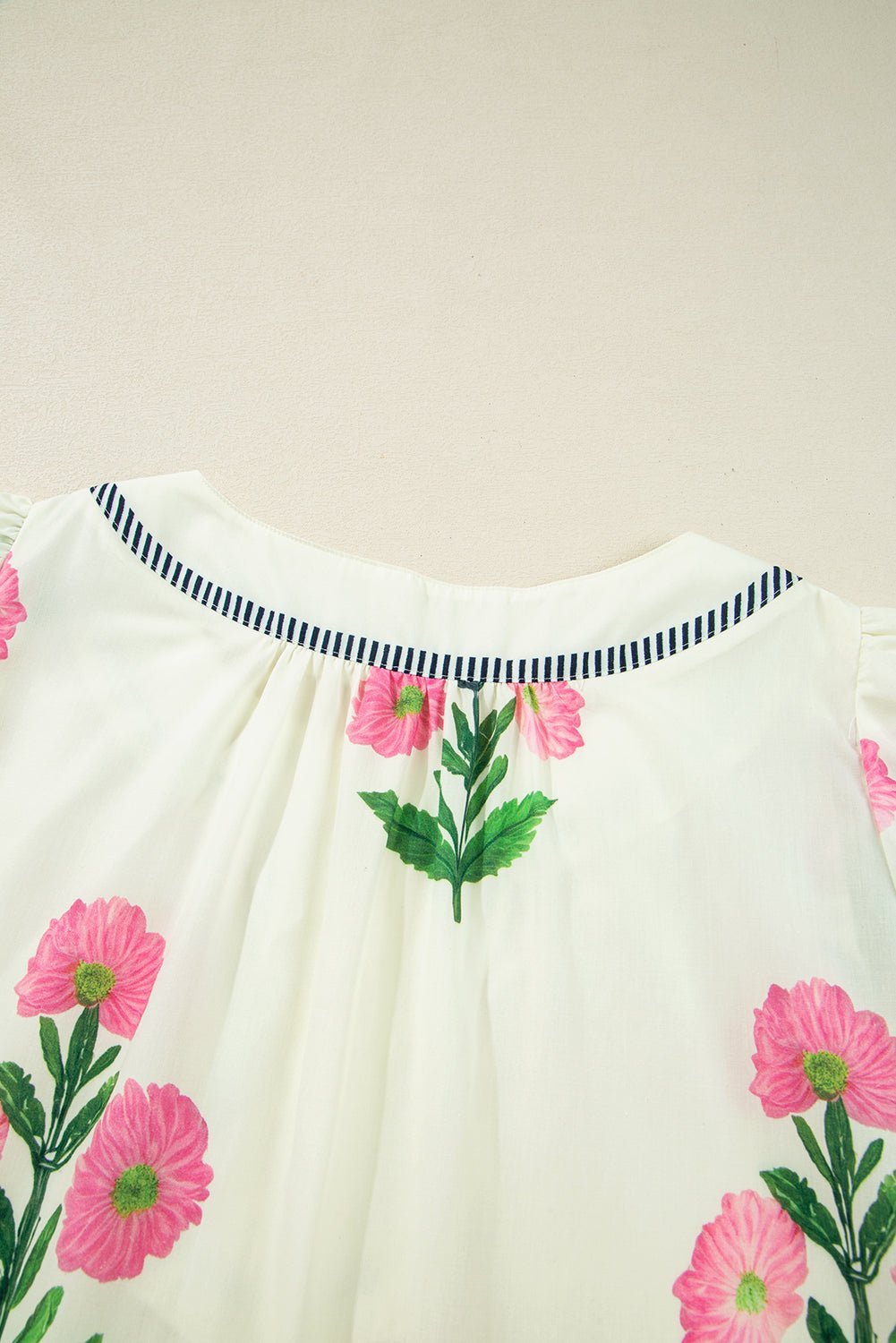 Blue Striped Trim Short Sleeve Split Neck Floral Mini Dress - MAD RUFFI