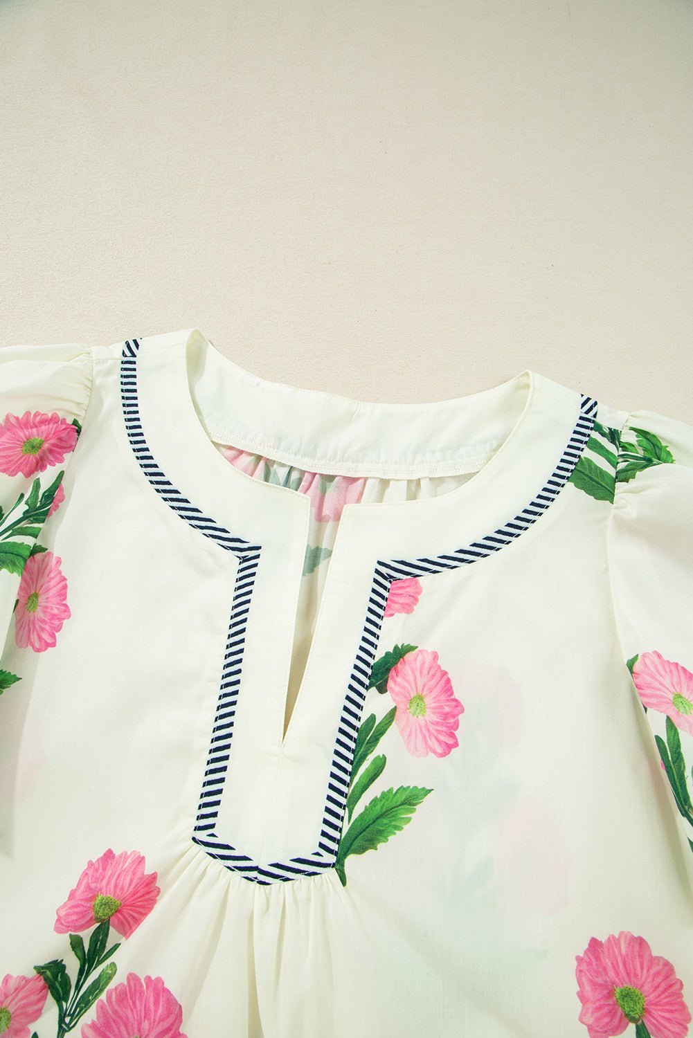 Blue Striped Trim Short Sleeve Split Neck Floral Mini Dress - MAD RUFFI
