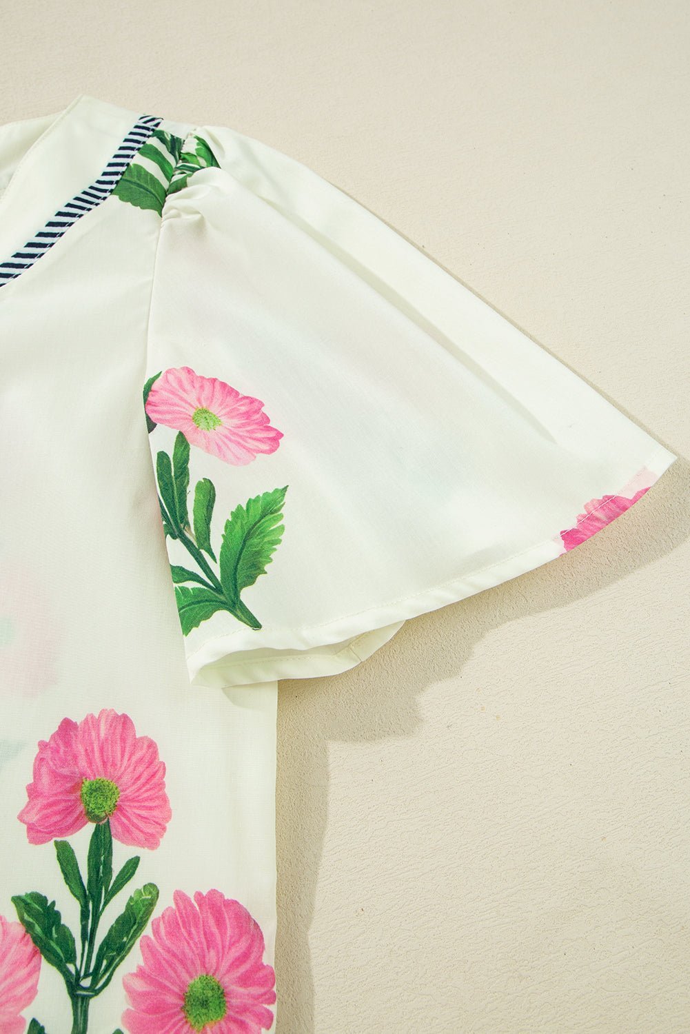 Blue Striped Trim Short Sleeve Split Neck Floral Mini Dress - MAD RUFFI