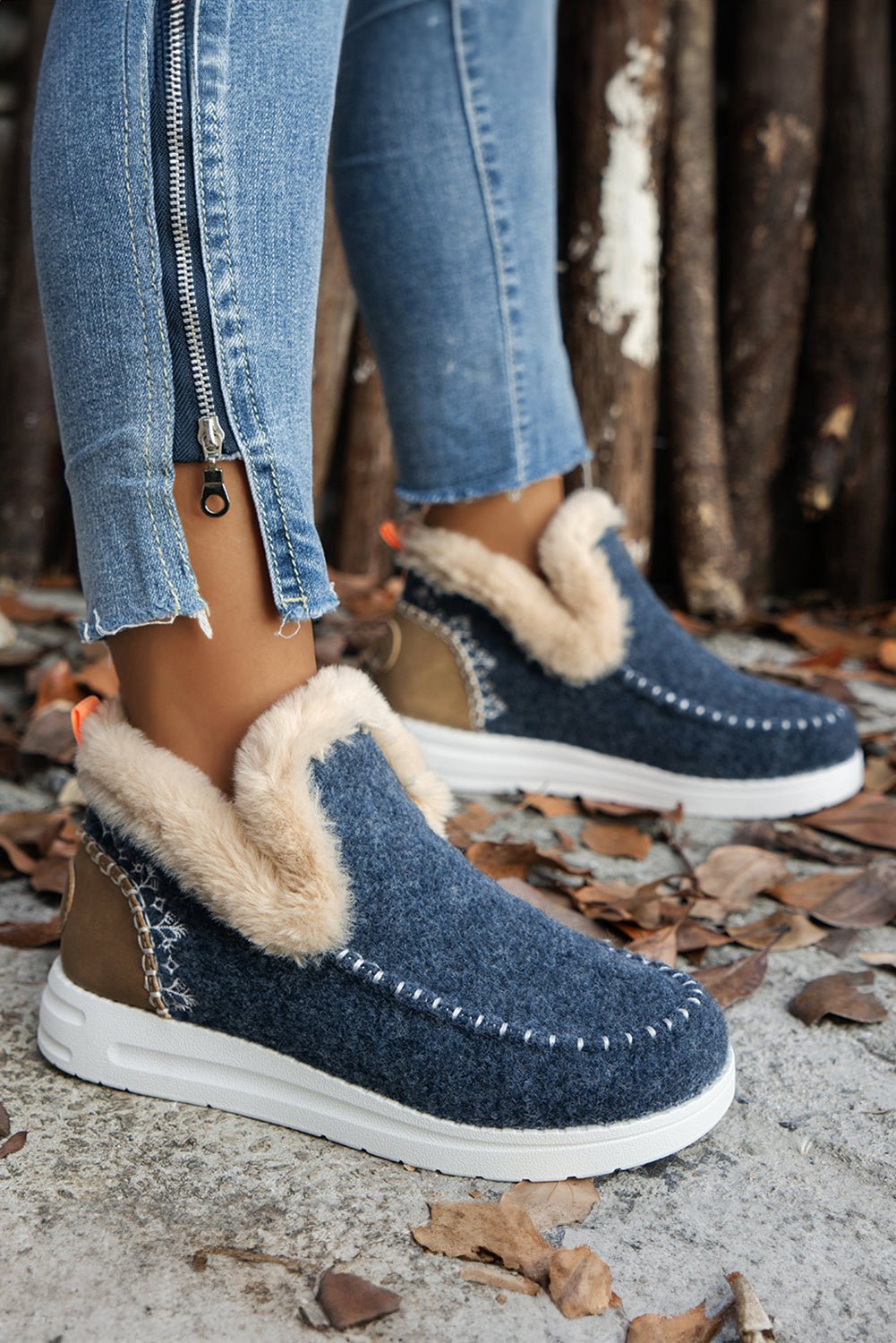 Blue Suede Stitching Patchwork Plush Lined Anklet Boots - MAD RUFFI