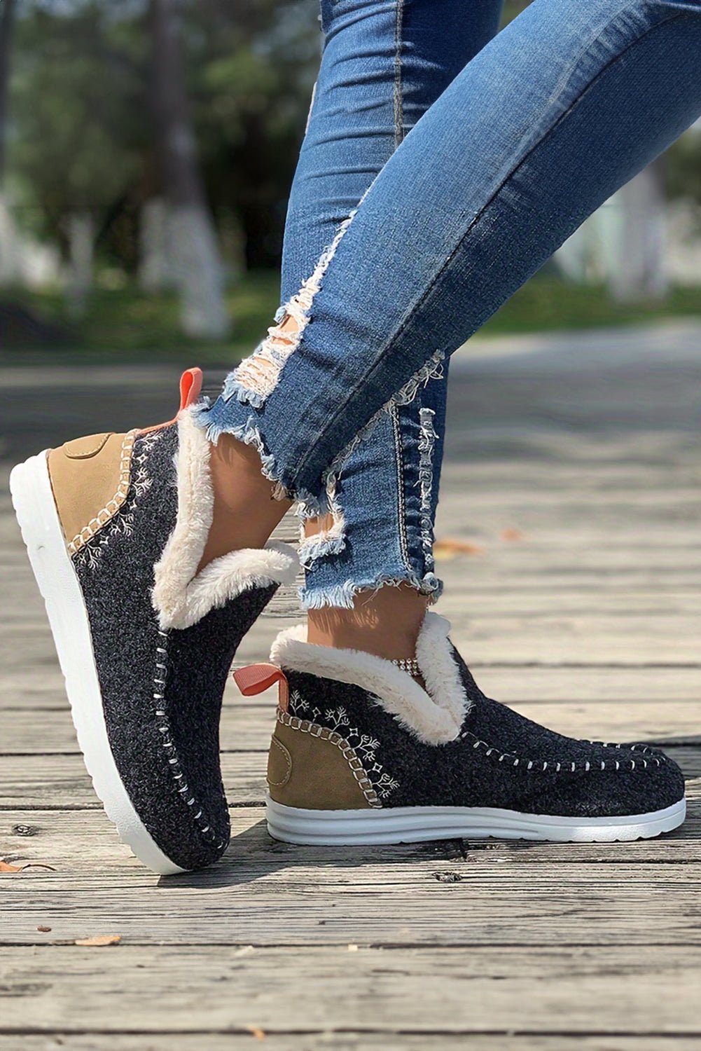 Blue Suede Stitching Patchwork Plush Lined Anklet Boots - MAD RUFFI