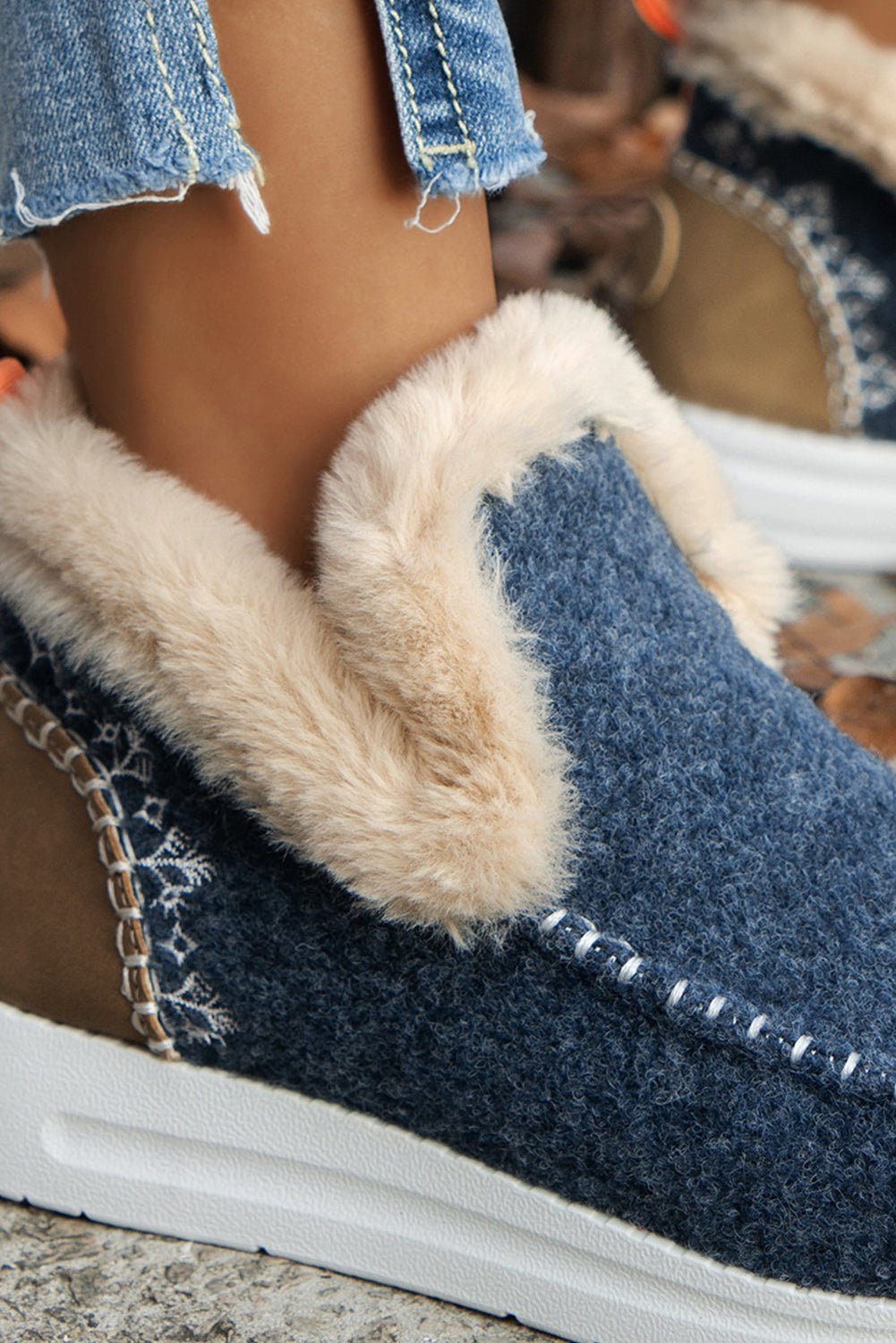 Blue Suede Stitching Patchwork Plush Lined Anklet Boots - MAD RUFFI