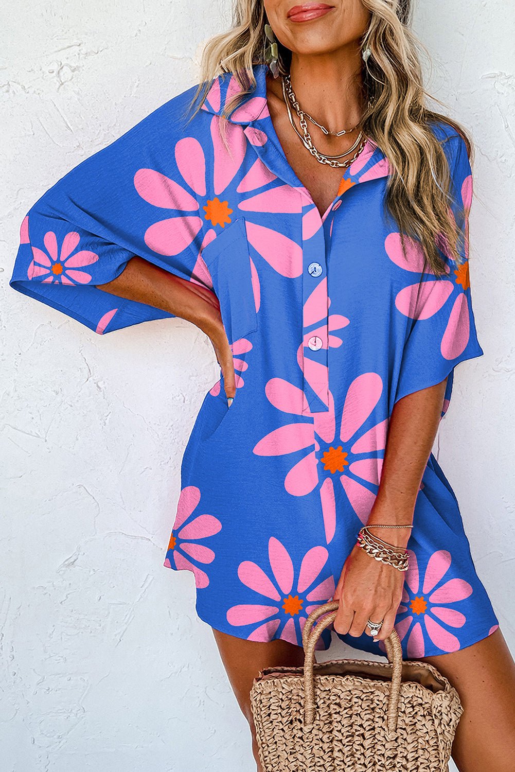 Blue Summer Flower Print Shirt Collar Loose Romper - MAD RUFFI