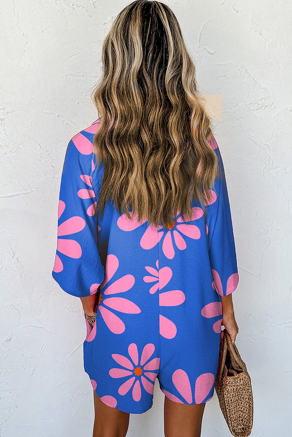 Blue Summer Flower Print Shirt Collar Loose Romper - MAD RUFFI