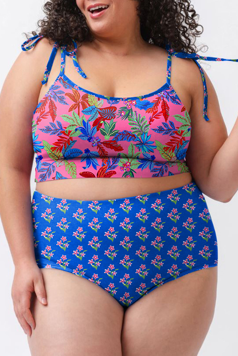 Blue Tropical Print Crop Cami and High Waist Plus Size Bikini Set - Blue / 1X - Curve + Plus