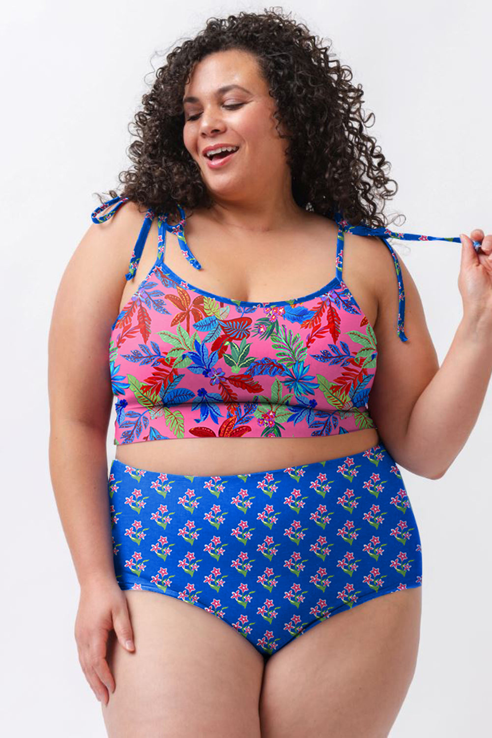 Blue Tropical Print Crop Cami and High Waist Plus Size Bikini Set - Curve + Plus